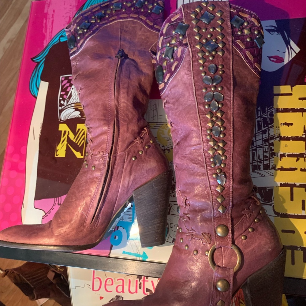 Studded Purple Leather Women's Boots